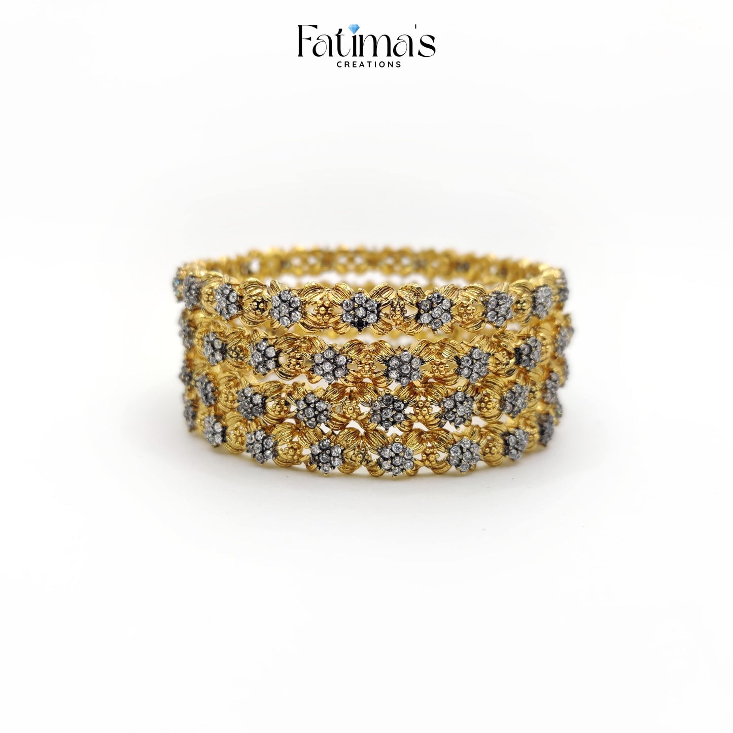 Sparkle Petal Bangles – Floral Crystal Artificial Bangles with Golden Detailing