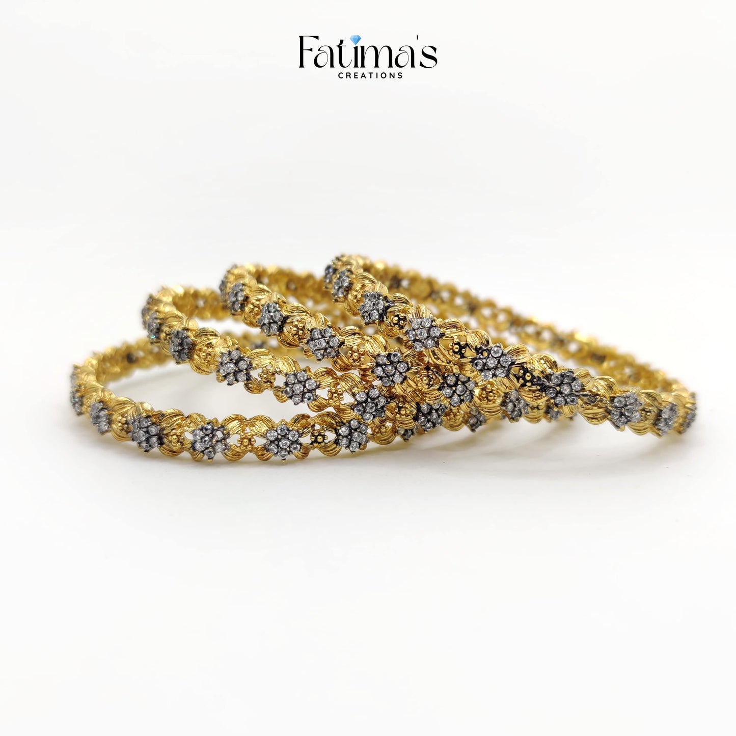 Sparkle Petal Bangles – Floral Crystal Artificial Bangles with Golden Detailing