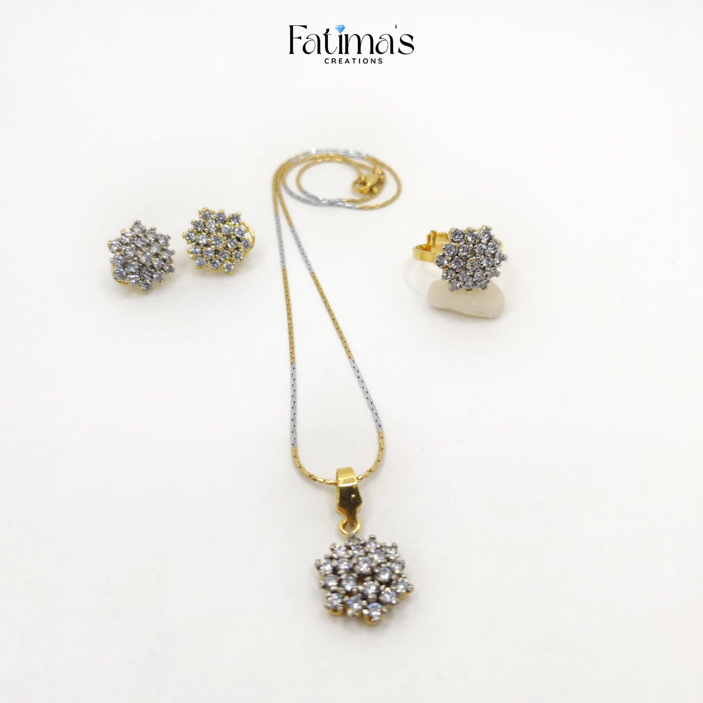 Zircon Combo Set – Sparkling Locket, Ring & Earrings Set for Women | Elegant Party Wear Jewelry