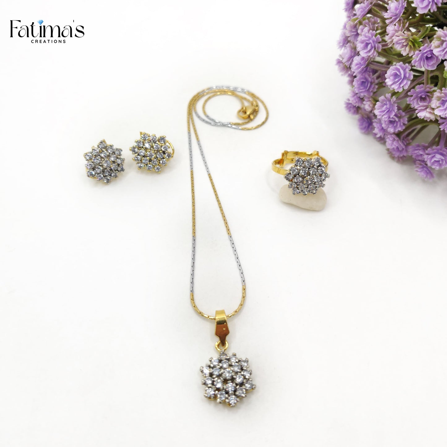 Zircon Combo Set – Sparkling Locket, Ring & Earrings Set for Women | Elegant Party Wear Jewelry