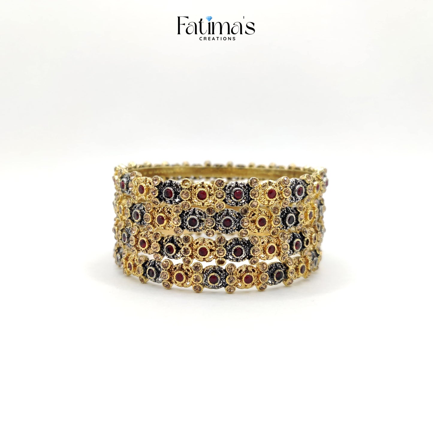 Royal Aura Bangles – Antique Gold Finish Bangles with Red & Black Stone Detailing