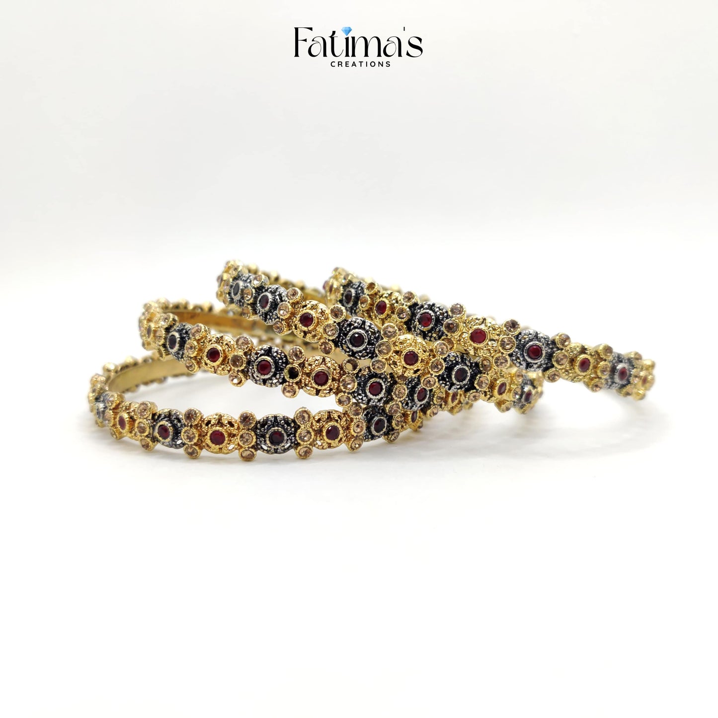 Royal Aura Bangles – Antique Gold Finish Bangles with Red & Black Stone Detailing