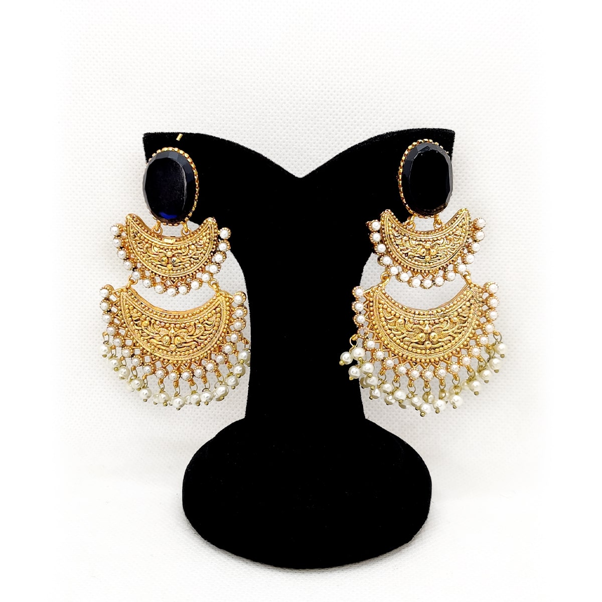 Classic Elegance Earrings – Antique Gold Chandbali with Pearls & Green Stone