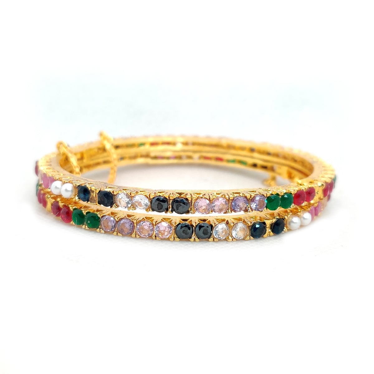 Glimmer Bangles – Gold Finish Artificial Bangles with Pink & Green Stones