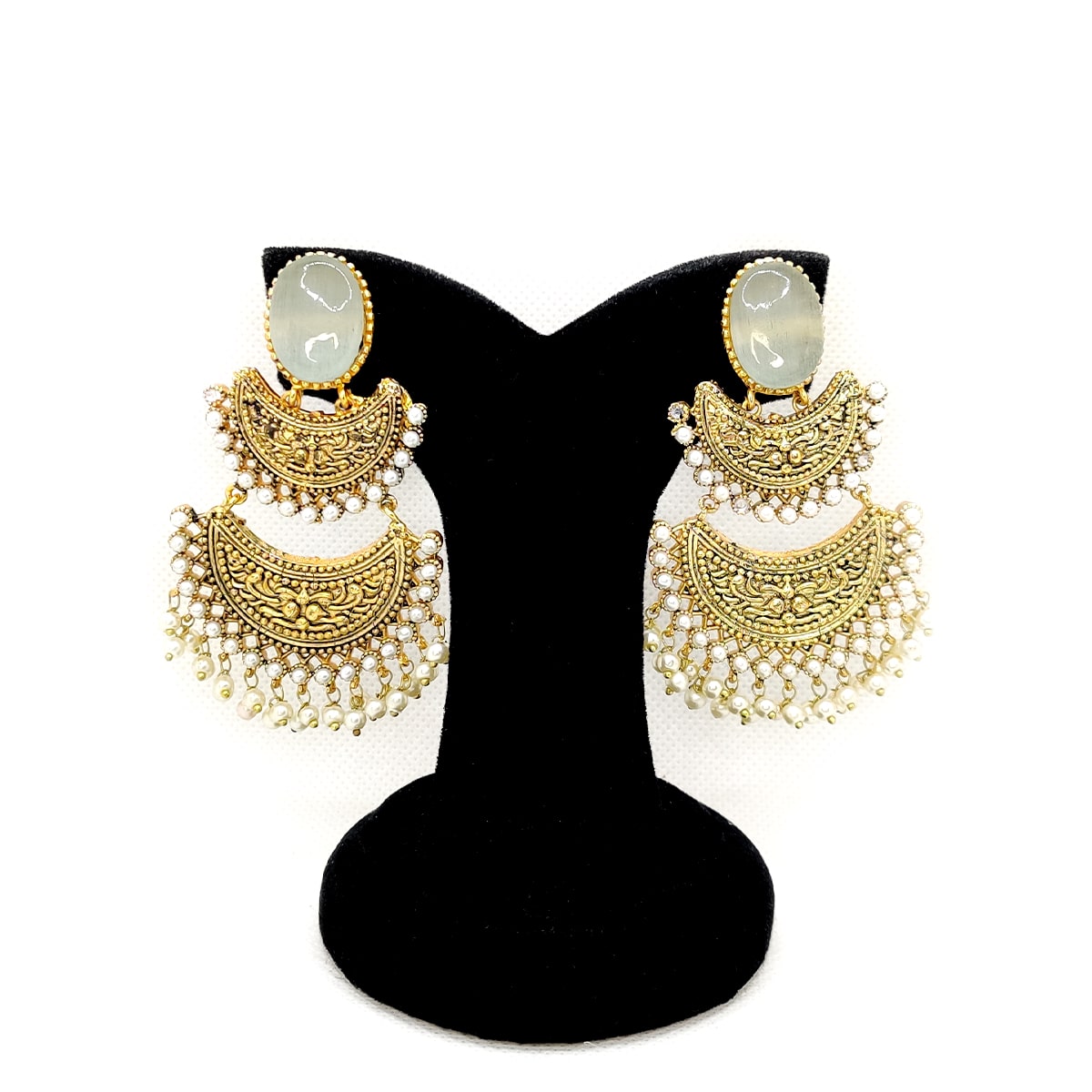 Classic Elegance Earrings – Antique Gold Chandbali with Pearls & Green Stone
