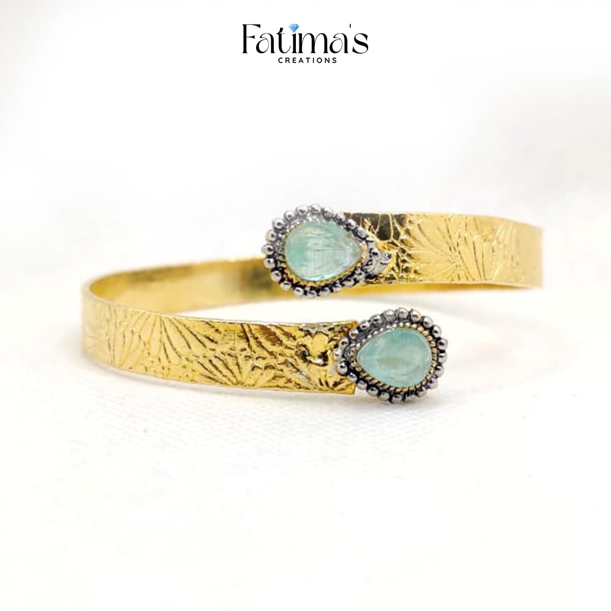 Antique Leaf Engraved Gold Karra with Tear-Drop Stone β Elegant Handcrafted Open Cuff Bangle for Women