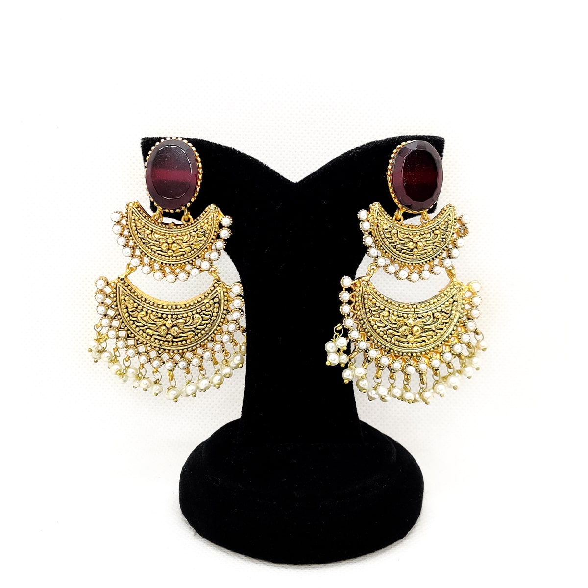 Classic Elegance Earrings – Antique Gold Chandbali with Pearls & Green Stone
