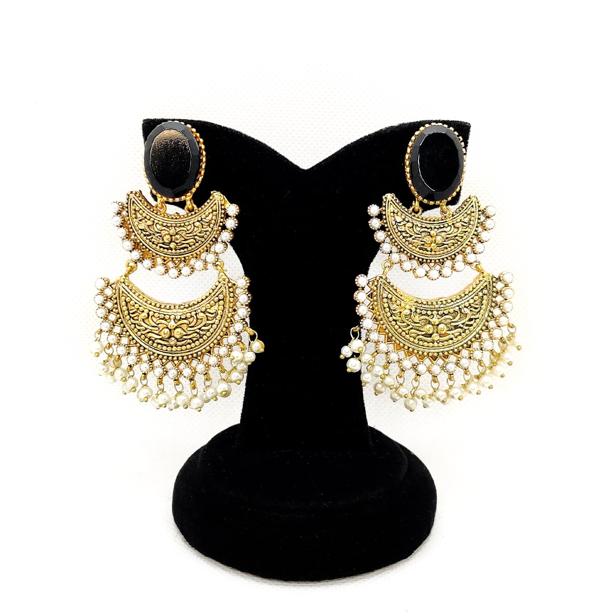 Classic Elegance Earrings – Antique Gold Chandbali with Pearls & Green Stone