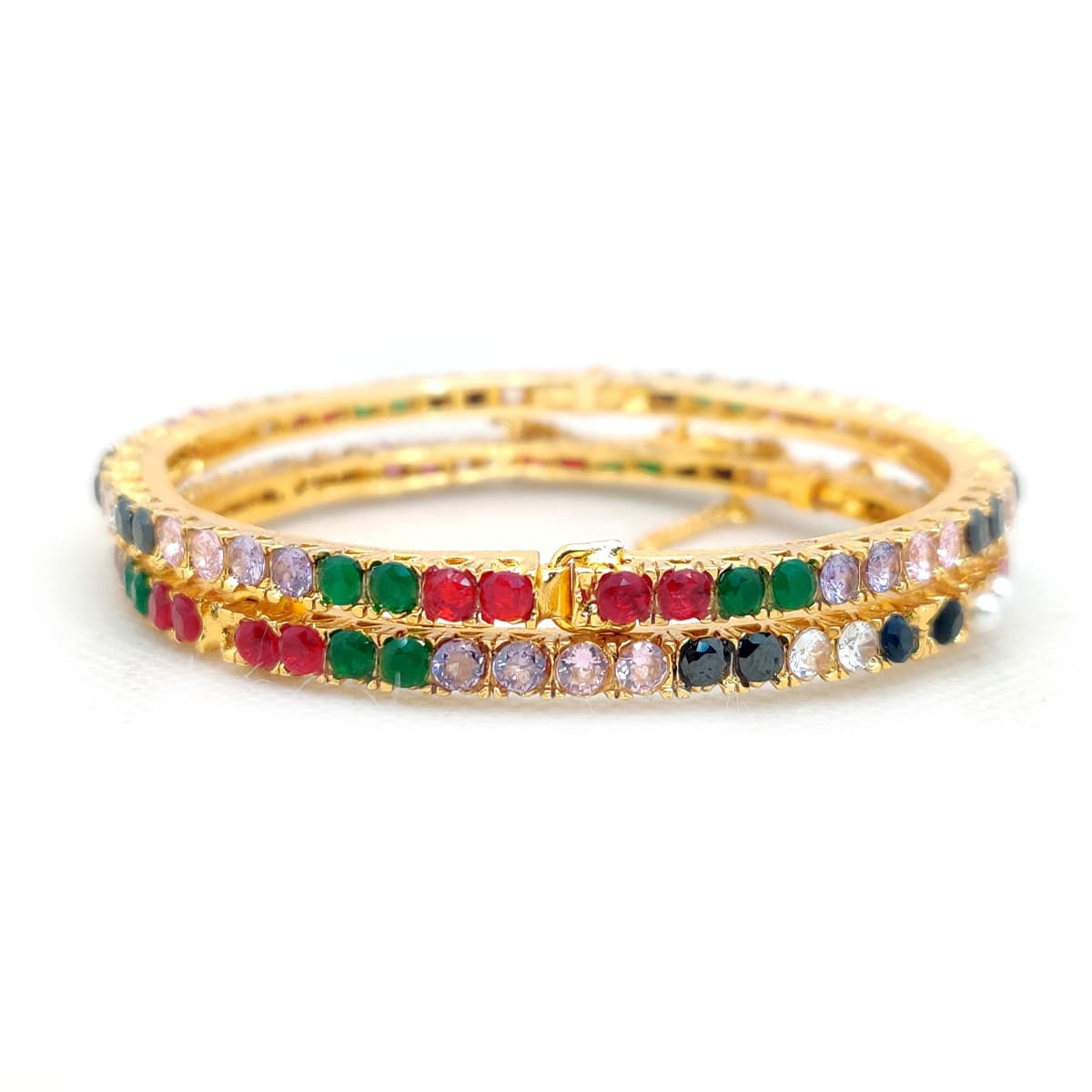 Glimmer Bangles – Gold Finish Artificial Bangles with Pink & Green Stones