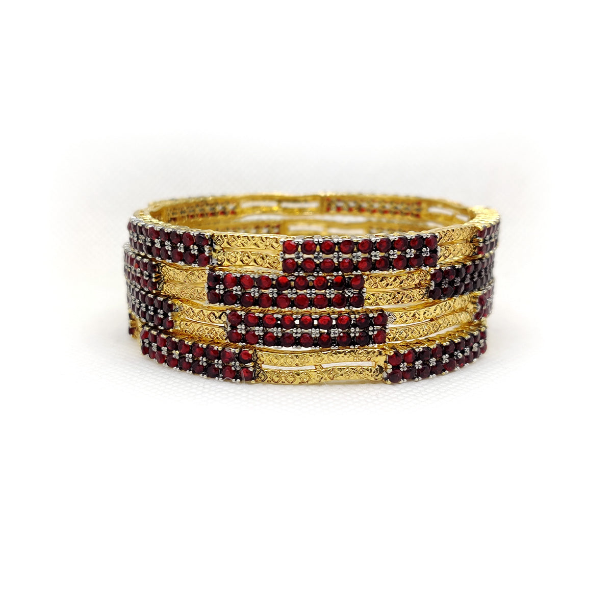 Ruby Gleam Bangles – Gold Plated Traditional Bangles with Deep Red Detailing