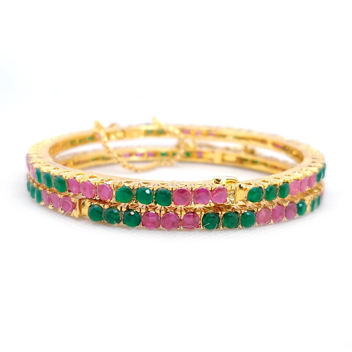 Glimmer Bangles – Gold Finish Artificial Bangles with Pink & Green Stones