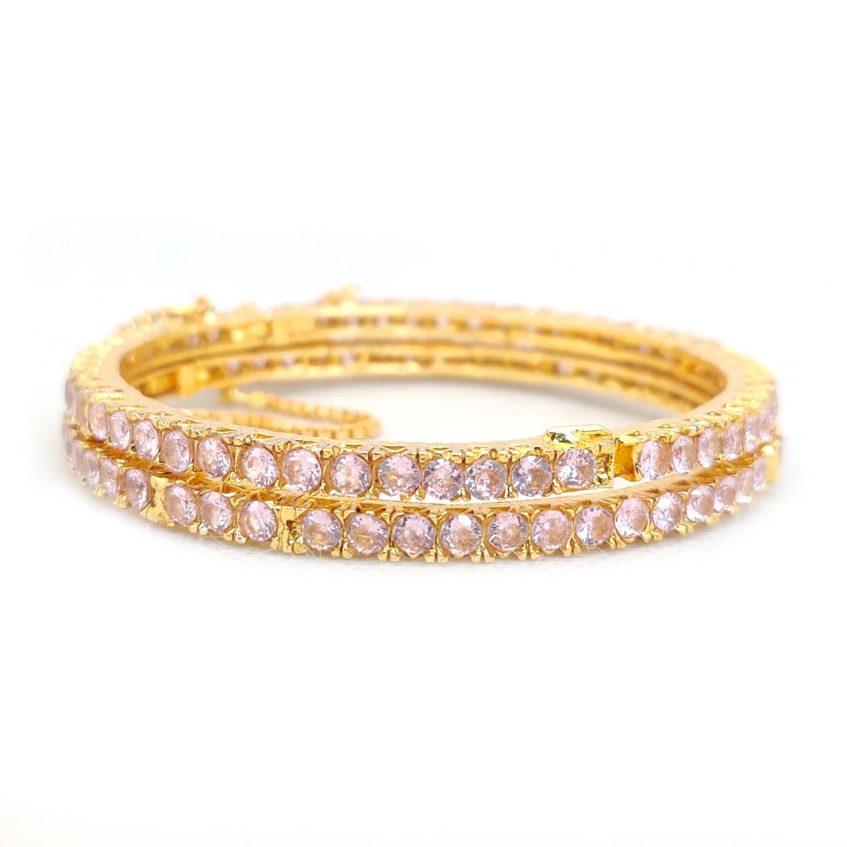 Glimmer Bangles – Gold Finish Artificial Bangles with Pink & Green Stones
