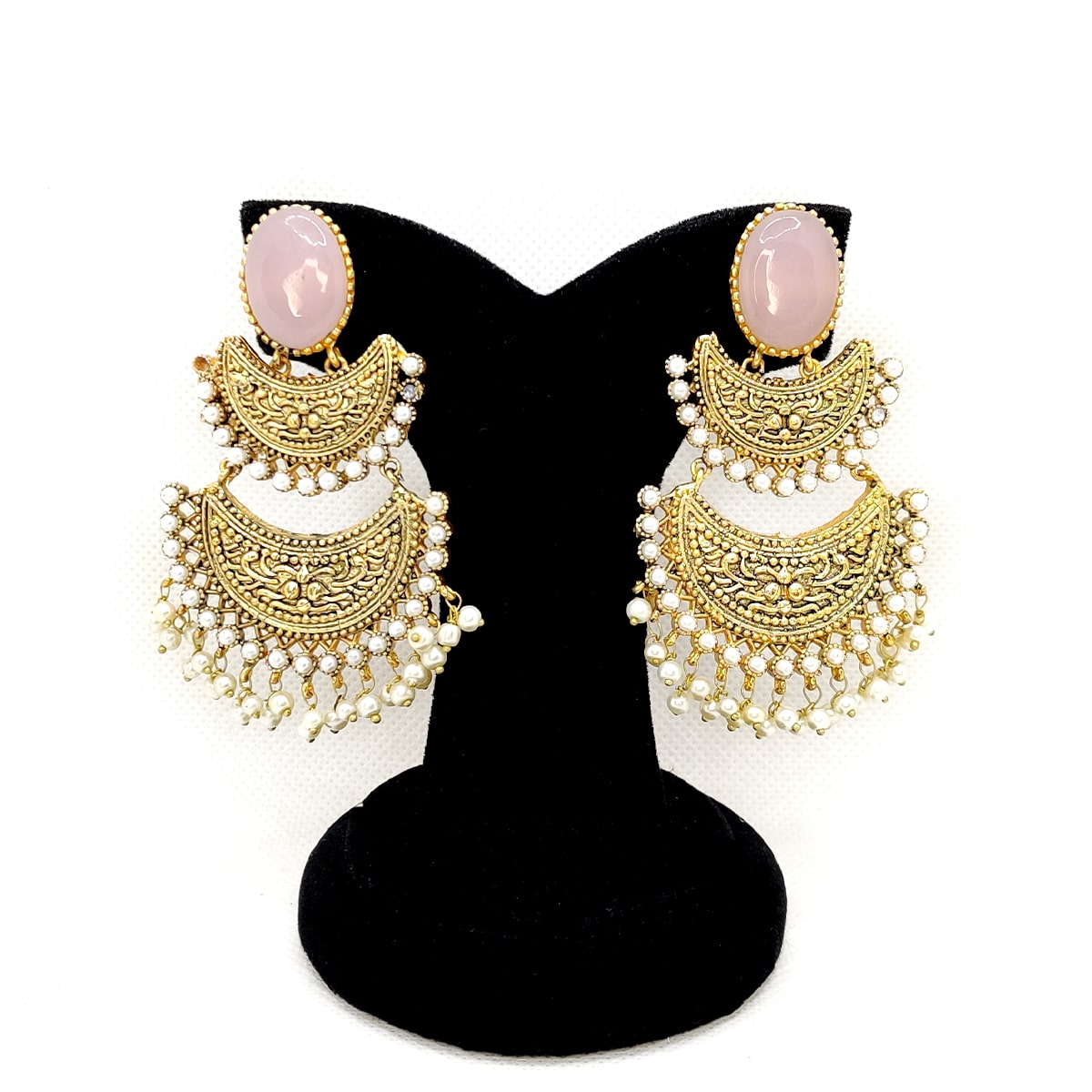 Classic Elegance Earrings – Antique Gold Chandbali with Pearls & Green Stone