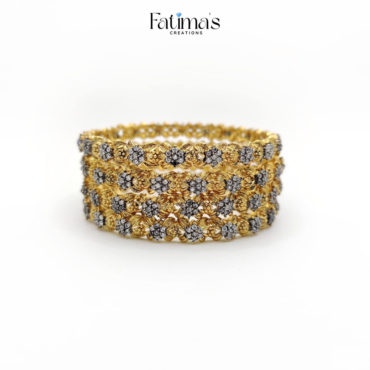 Sparkle Petal Bangles – Floral Crystal Artificial Bangles with Golden Detailing