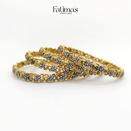 Sparkle Petal Bangles – Floral Crystal Artificial Bangles with Golden Detailing