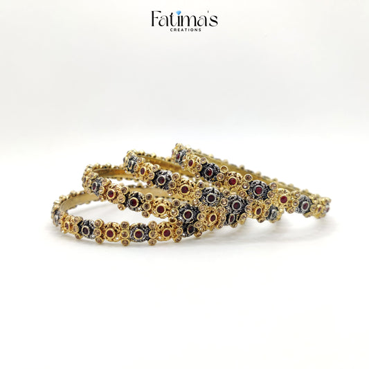 Royal Aura Bangles – Antique Gold Finish Bangles with Red &amp; Black Stone Detailing