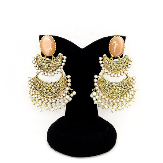Classic Elegance Earrings – Antique Gold Chandbali with Pearls &amp; Green Stone