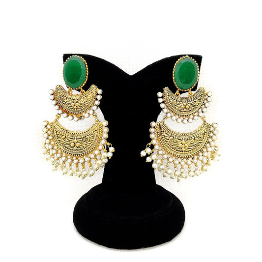 Classic Elegance Earrings – Antique Gold Chandbali with Pearls &amp; Green Stone