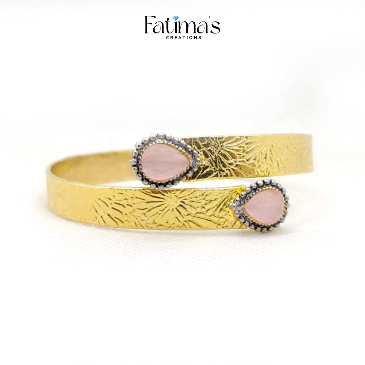 Antique Leaf Engraved Gold Karra with Tear-Drop Stone – Elegant Handcrafted Open Cuff Bangle for Women